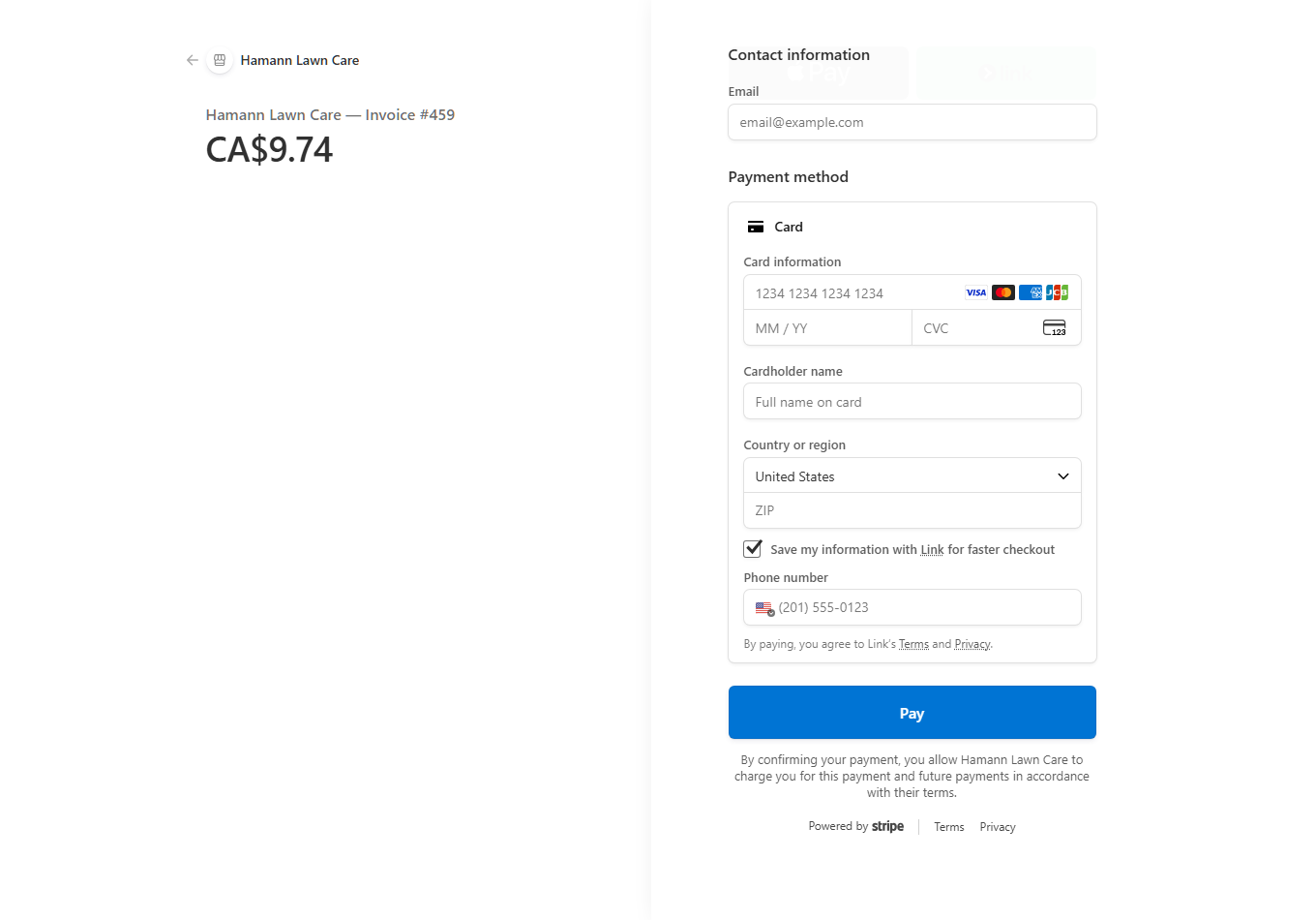 Stripe payment page for Hamann Lawn Care Invoice #459 showing a CA$9.74 total paid in Canadian dollars
