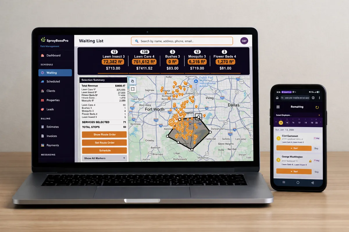 FenceBossPro fence contractor software dashboard on laptop showing line-item estimate builder, material list, and job board, with mobile app on phone